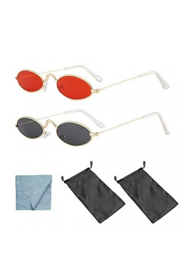 Lot de 2 lunettes de soleil rétro hippie - Lunettes ovales avec cadre en métal - Unisexe - 2 sacs de rangement étanches pour 