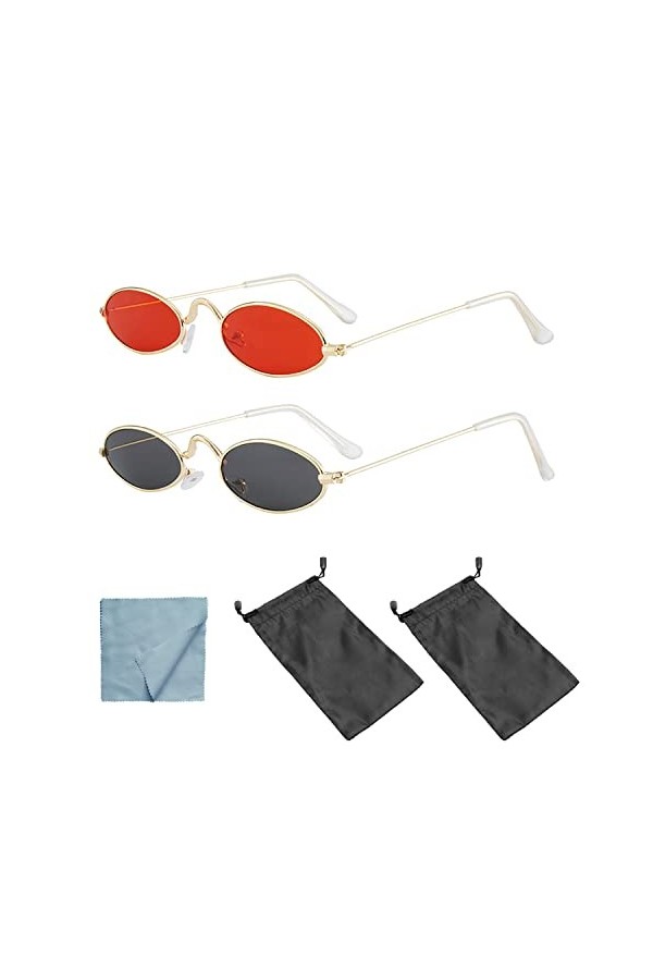 Lot de 2 lunettes de soleil rétro hippie - Lunettes ovales avec cadre en métal - Unisexe - 2 sacs de rangement étanches pour 