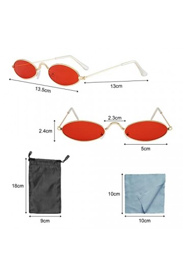 Lot de 2 lunettes de soleil rétro hippie - Lunettes ovales avec cadre en métal - Unisexe - 2 sacs de rangement étanches pour 