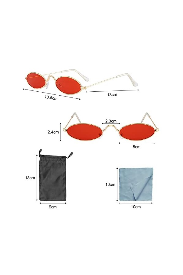 Lot de 2 lunettes de soleil rétro hippie - Lunettes ovales avec cadre en métal - Unisexe - 2 sacs de rangement étanches pour 