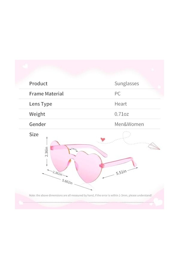 TSUWNO Lot de 2 Lunettes de Soleil Hippie en Forme de Cœur sans Monture - Rose et Transparents, Idéales pour lété !