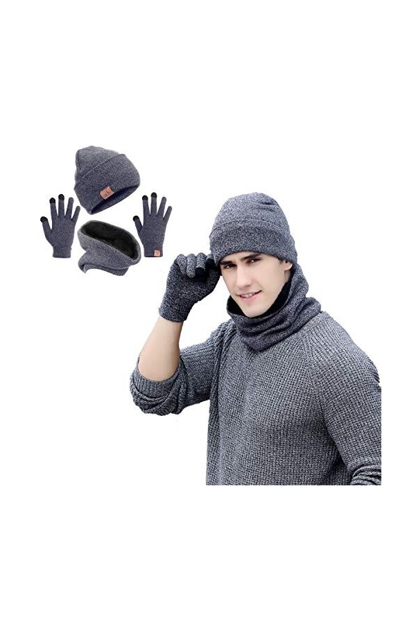 Neusky Bonnets, écharpe et gants, en tricot chaud, lot de 3, pour lhiver, Lot de 3 - Noir, taille unique