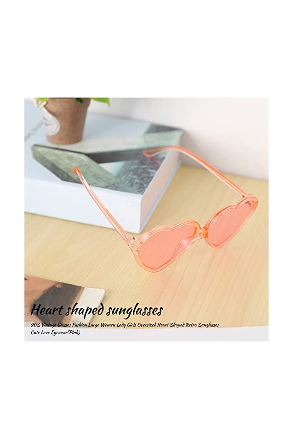 Vklopdsh Lunettes de soleil rétro surdimensionnées en forme de cœur des années 90 pour femmes et filles rose , rose