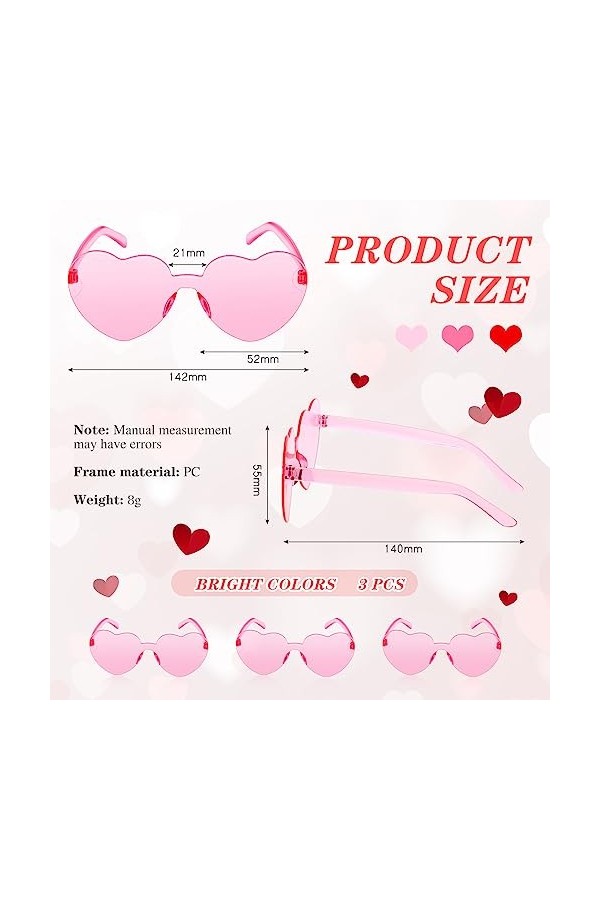 Hestya 3 Lunettes de Soleil de Cœur Lunettes de Soleil de Couleur de Bonbon Lunettes de Soleil sans Monture Transparentes Lun