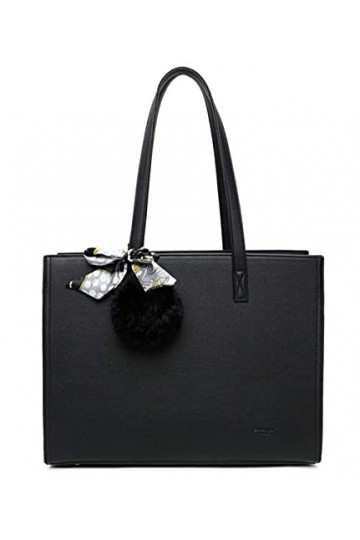 Sac A Main Femme Pompon Fourrure - Cabas Format A4 pour Cours - Grande Taille Shopping Fourre-Tout Porte-Document - Tendance 