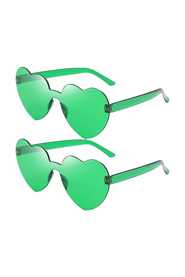 Stakee 2 pièces lunettes de soleil vertes sans monture lunettes en forme de coeur lunettes de soleil vertes transparentes