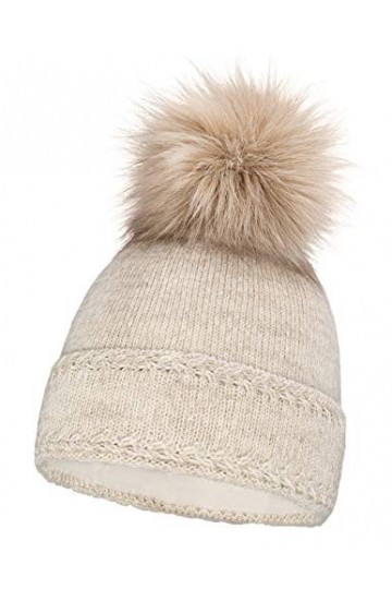 Neverless® - Bonnet tricoté avec pompon en fourrure et doublure polaire - Pour femme - Beige - Taille Unique