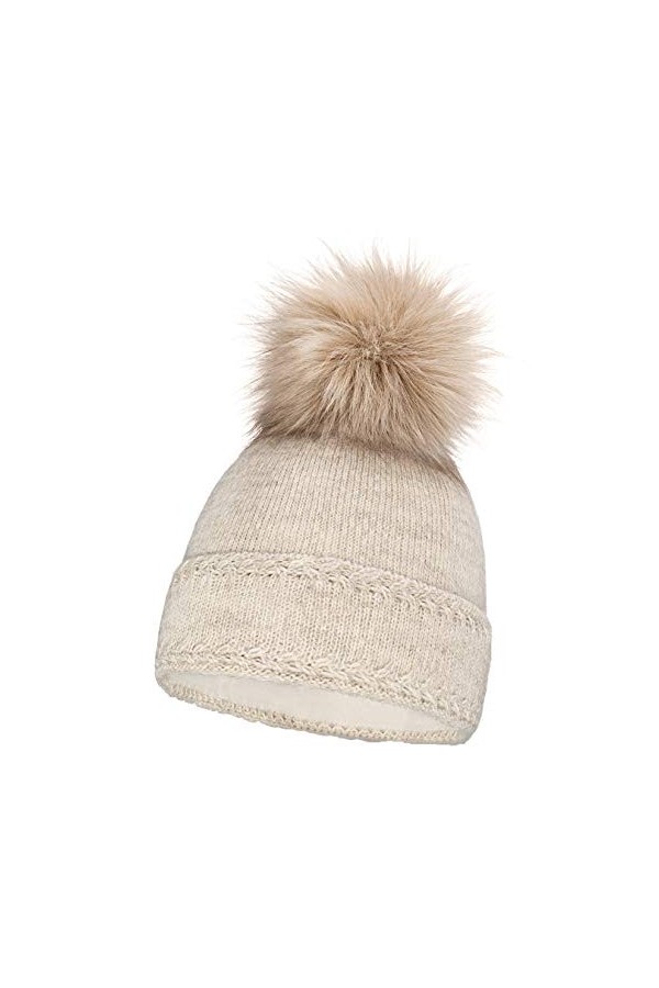 Neverless® - Bonnet tricoté avec pompon en fourrure et doublure polaire - Pour femme - Beige - Taille Unique