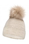 Neverless® - Bonnet tricoté avec pompon en fourrure et doublure polaire - Pour femme - Beige - Taille Unique