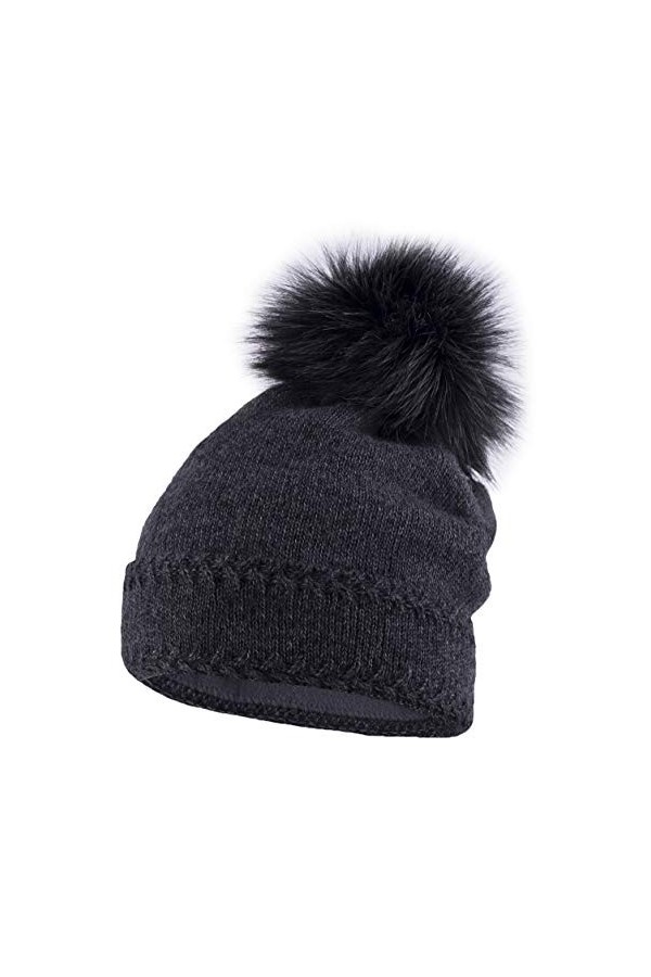 Neverless® - Bonnet tricoté avec pompon en fourrure et doublure polaire - Pour femme - Beige - Taille Unique