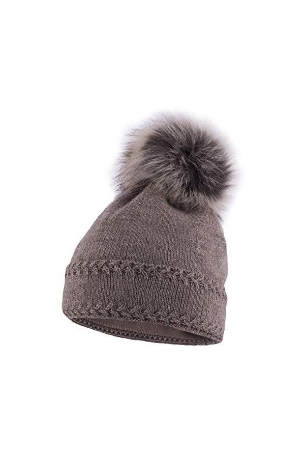 Neverless® - Bonnet tricoté avec pompon en fourrure et doublure polaire - Pour femme - Beige - Taille Unique