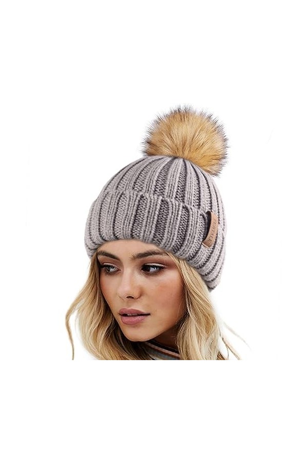 FURTALK Bonnet dhiver Bonnet tricoté Chaud pour Femmes avec Pompon en Fausse Fourrure
