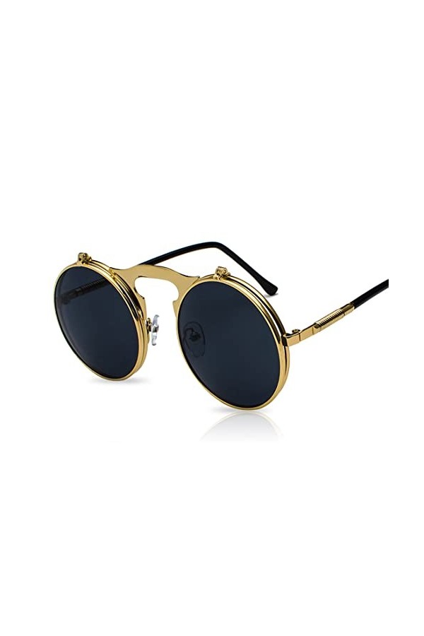 TSLRSA Lunettes de soleil homme femme ronde polarisées inspirées du style retro Steampunk en cercle métallique or 