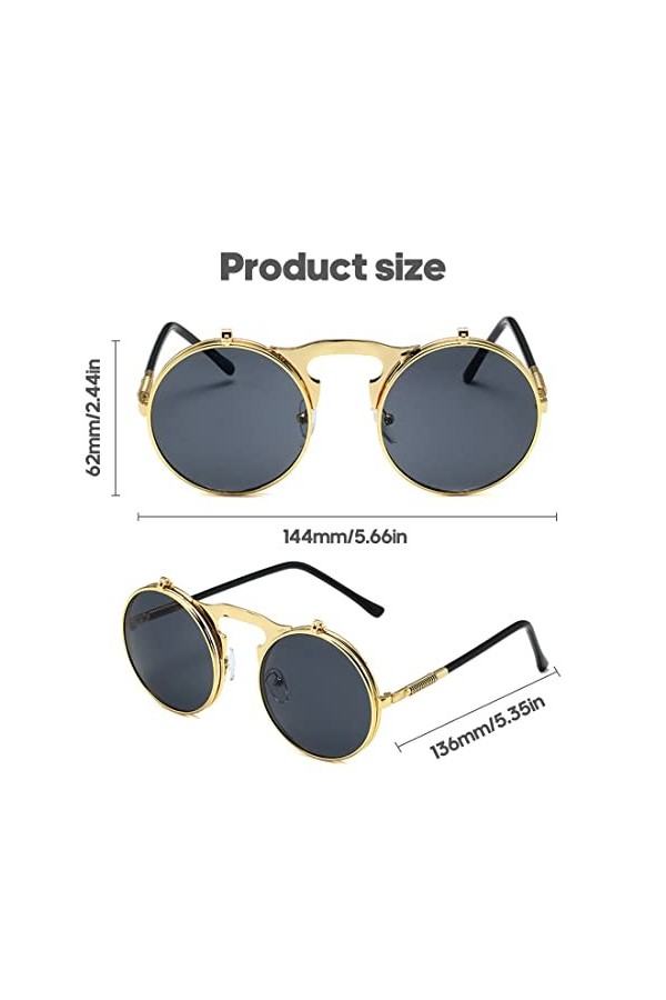 TSLRSA Lunettes de soleil homme femme ronde polarisées inspirées du style retro Steampunk en cercle métallique or 