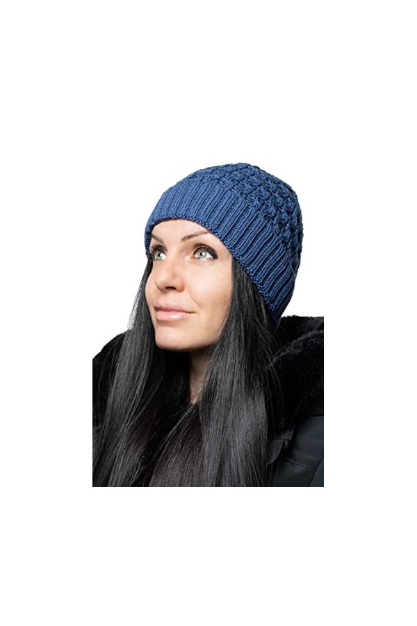 YV Bonnet unisexe 100 % laine mérinos doux et chaud pour lhiver. - Bleu - Taille Unique