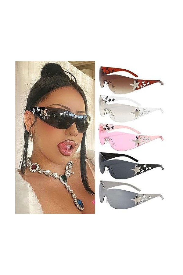 KITPIPI Star Y2K Sungalsses Lunettes de soleil sans monture avec pentagramme Décoration pour femme Protection UV Lunettes de 