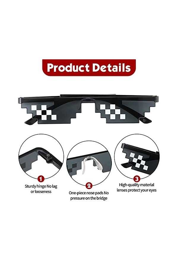 Lunettes de Mosaïque Pixel 8 Bits Lunettes de Soleil Unisexes Lunettes de Soleil de Joueur Anti-UV Lunettes Cool pour Hommes 