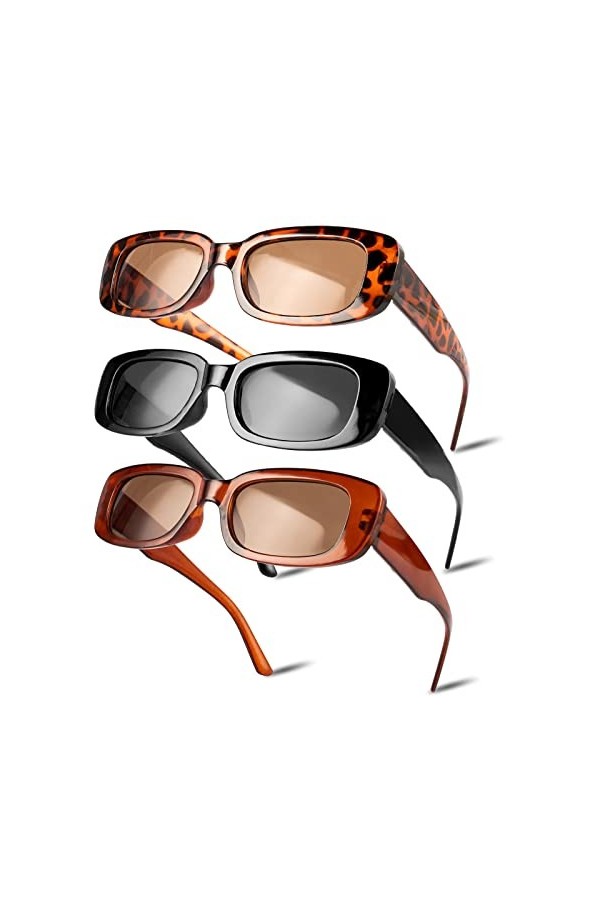 Kitnelw 3 Pièces Lunette Rectangulaire Femme Vintage Lunettes de Soleil Mode Célébrité Lunettes Soleil de Party Rétro Lunette