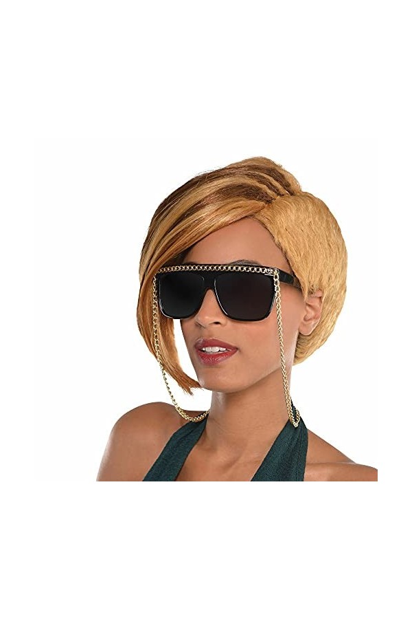 Yummy Bee - Lunettes de soleil hip-hop funky costume rappeur chaîne dorée lunettes de soleil noires femmes rétro années 90