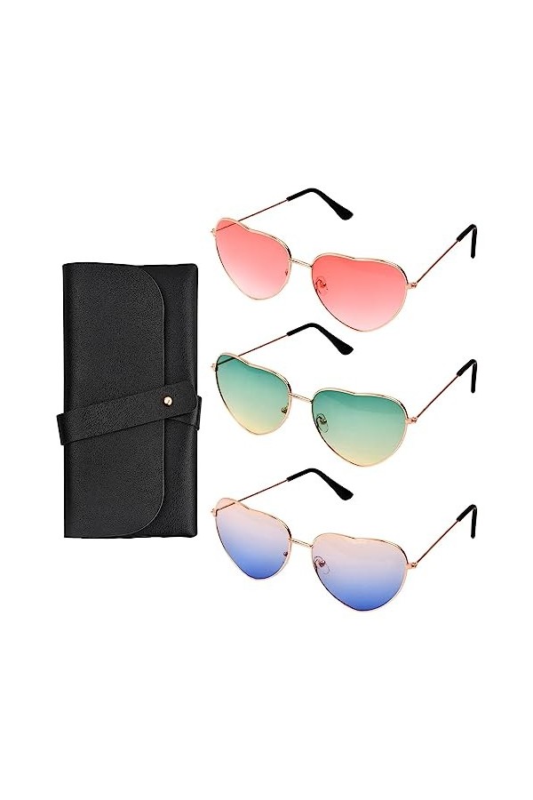 Pinsheng Lunettes de Soleil, 3 Pcs Lunettes en Forme de Coeur Hippies avec 1 Étui à Lunettes, Heart Lunettes Femme Retro Unis