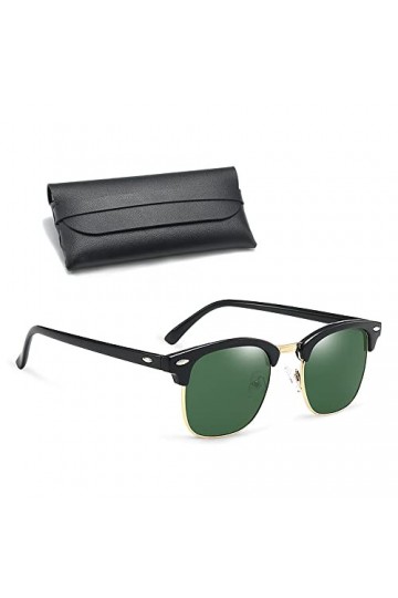 Retro Ronde Métal Demi-cerclées Classique Lunette de Soleil Protection UV400 pour Homme Femme, Noir Vert Marron