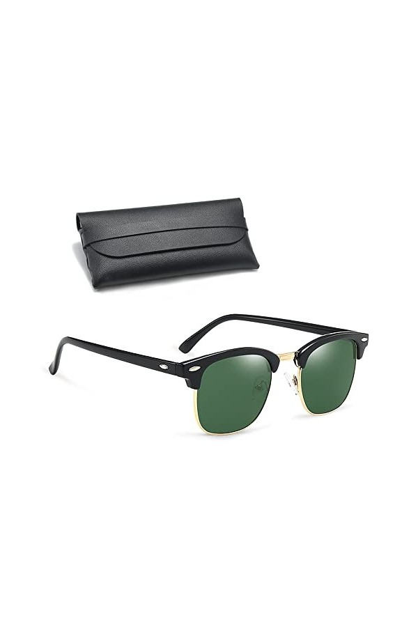 Retro Ronde Métal Demi-cerclées Classique Lunette de Soleil Protection UV400 pour Homme Femme, Noir Vert Marron