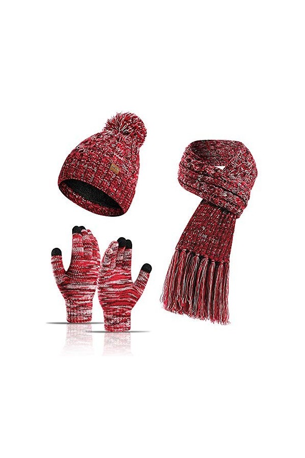Lot de 3 bonnets, écharpes, gants dhiver chauds pour homme et femme - En polaire - Pour écran tactile, Rouge, universel