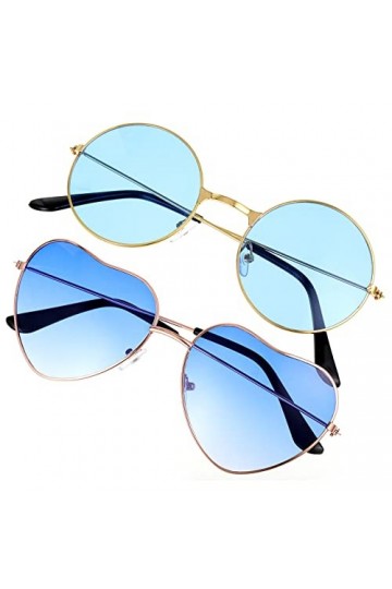 Lot de 2 paires de lunettes de soleil hippie avec cadre en métal pour hippie chic et robe accessoire de fête - Cadre or rose 