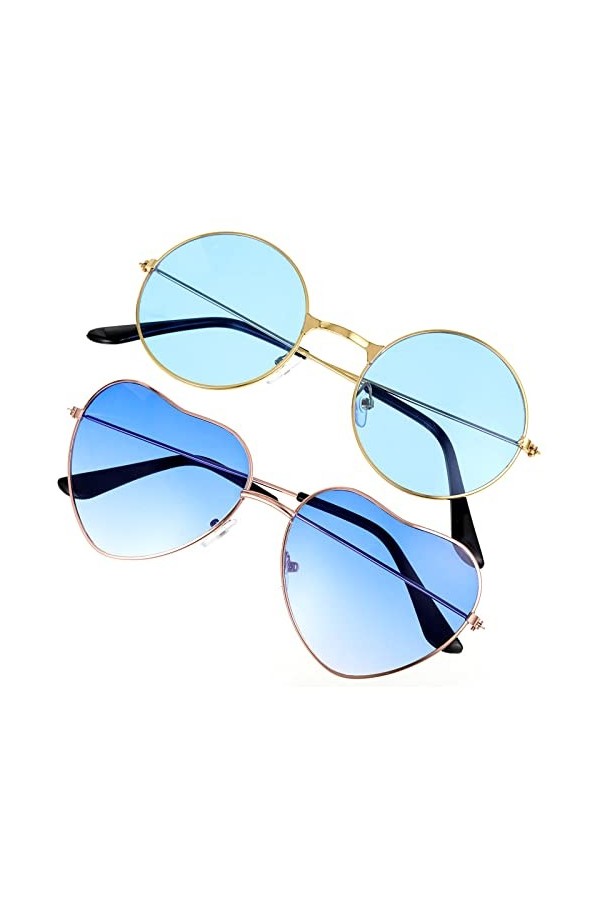 Lot de 2 paires de lunettes de soleil hippie avec cadre en métal pour hippie chic et robe accessoire de fête - Cadre or rose 