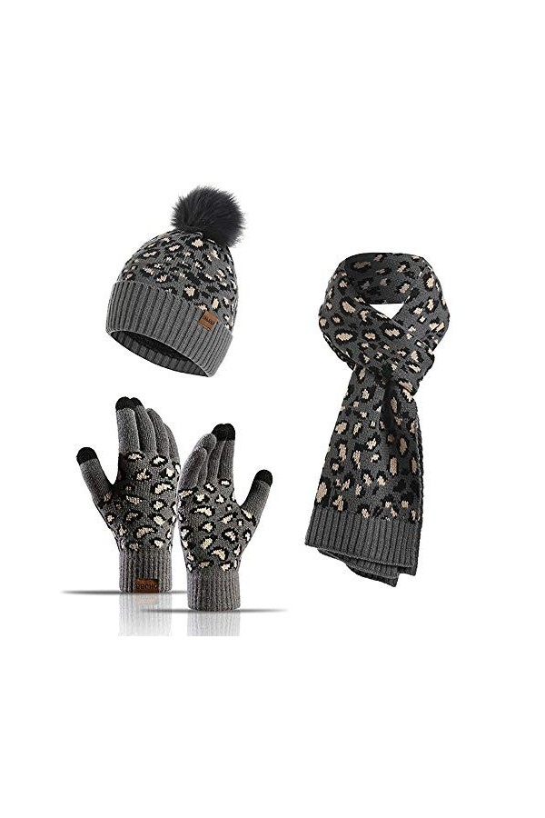 Lot de 3 bonnets, écharpes, gants dhiver chauds pour homme et femme - En polaire - Pour écran tactile, Rouge, universel