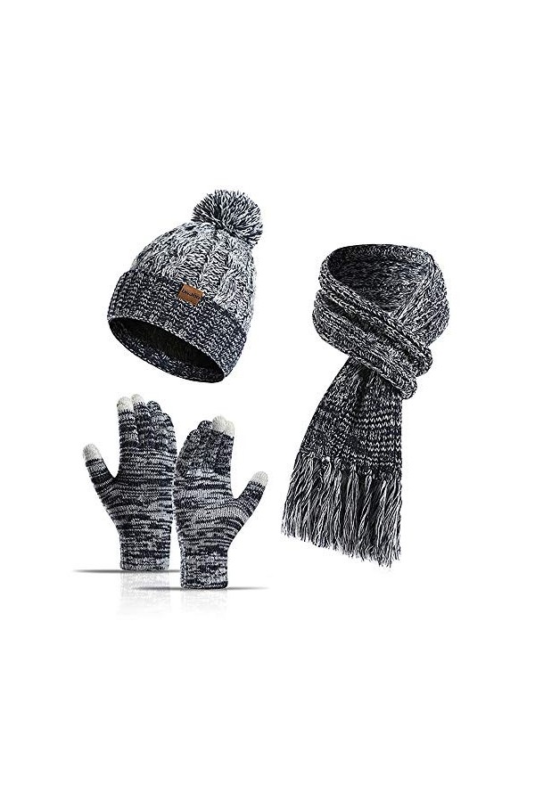 Lot de 3 bonnets, écharpes, gants dhiver chauds pour homme et femme - En polaire - Pour écran tactile, Rouge, universel