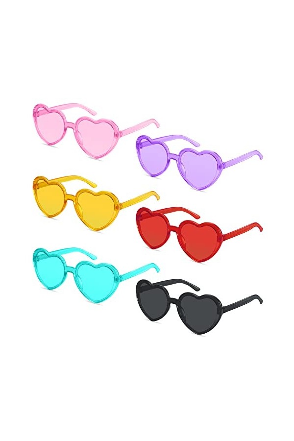 SelfTek Lot de 6 paires de lunettes de soleil en forme de cœur - Transparentes - Colorées - Tendance - Pour homme et femme - 