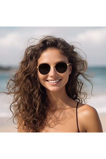 JIM HALO Lunettes de Soleil Rondes Rondes Vintage avec pare,Soleil Carré en Métal Plat pour Hommes et Femmes Or/Vert