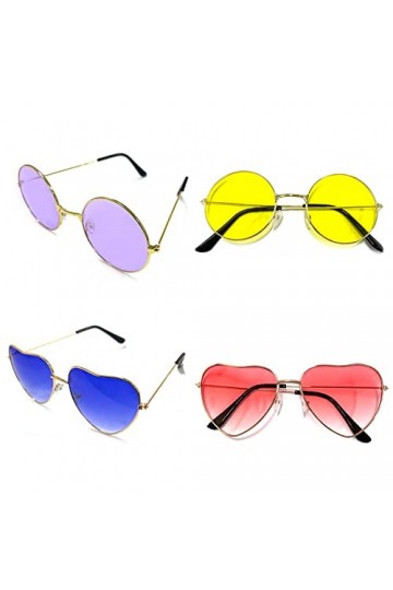 BEIIEB Lot de 4 lunettes de soleil hippie, comprenant 2 lunettes rondes violet, jaune et 2 lunettes en forme de cœur rose,