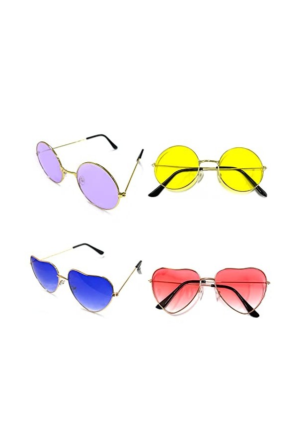 BEIIEB Lot de 4 lunettes de soleil hippie, comprenant 2 lunettes rondes violet, jaune et 2 lunettes en forme de cœur rose,