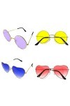 BEIIEB Lot de 4 lunettes de soleil hippie, comprenant 2 lunettes rondes violet, jaune et 2 lunettes en forme de cœur rose,