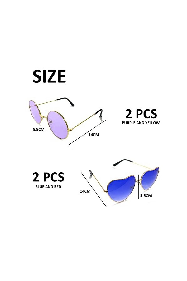 BEIIEB Lot de 4 lunettes de soleil hippie, comprenant 2 lunettes rondes violet, jaune et 2 lunettes en forme de cœur rose,