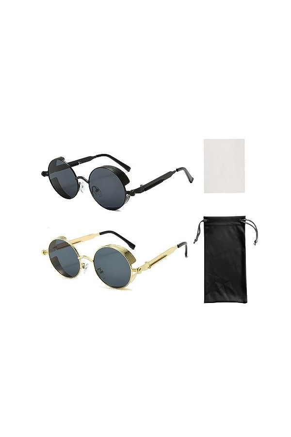 TAFACE 2 lunettes de soleil rondes rétro, 1 chiffon à lunettes, 1 sac de rangement pour lunettes, lunettes de soleil punk, ad