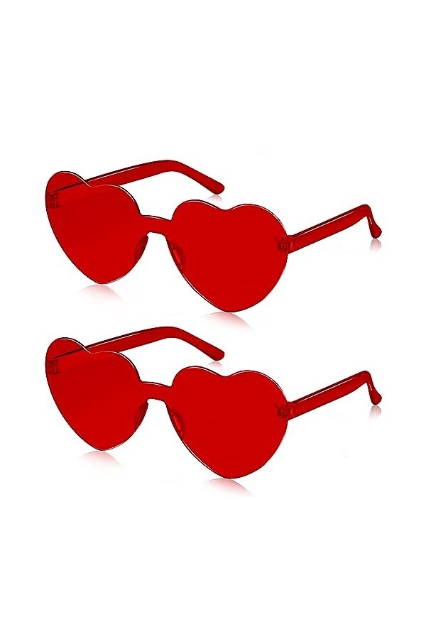SelfTek Lot de 2 lunettes de soleil en forme de cœur rouge sans monture en forme de cœur transparent coloré pour femmes, homm
