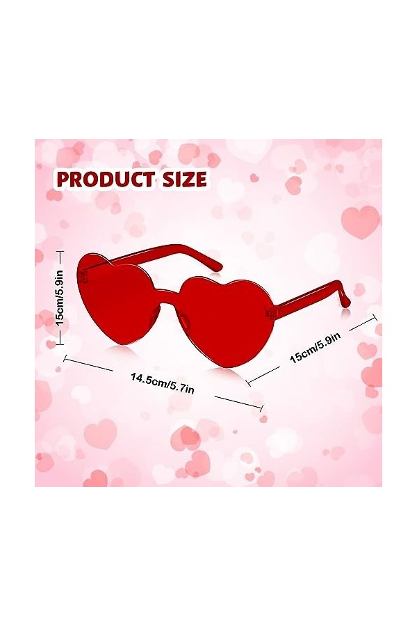 SelfTek Lot de 2 lunettes de soleil en forme de cœur rouge sans monture en forme de cœur transparent coloré pour femmes, homm