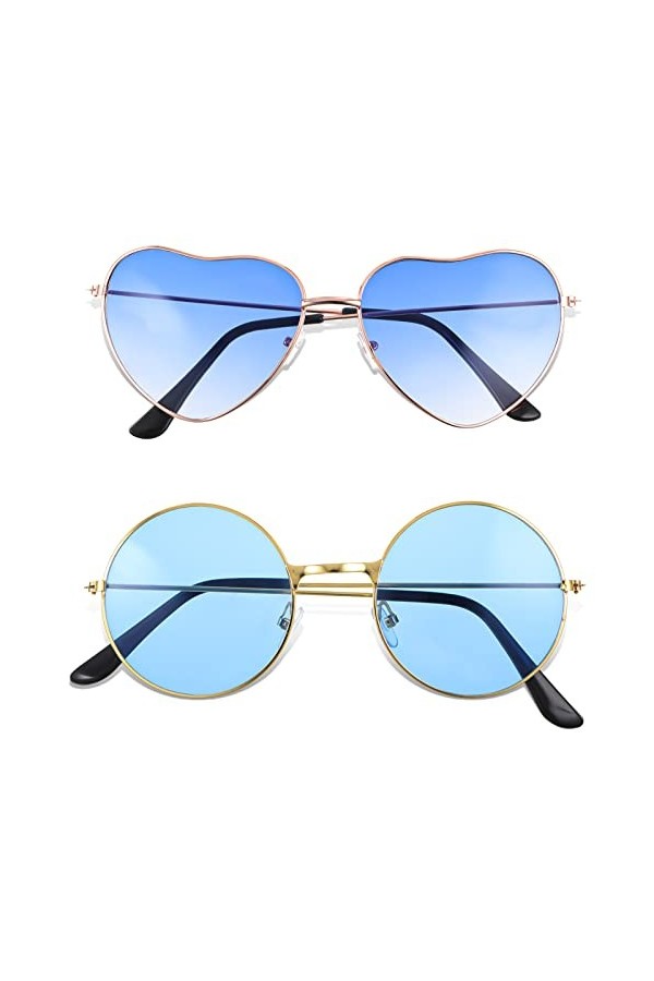 YUFFQOPC Lot de 2 paires de lunettes de soleil en forme de cœur - Style hippie - Style rétro - Rondes - Verres colorés - Pour