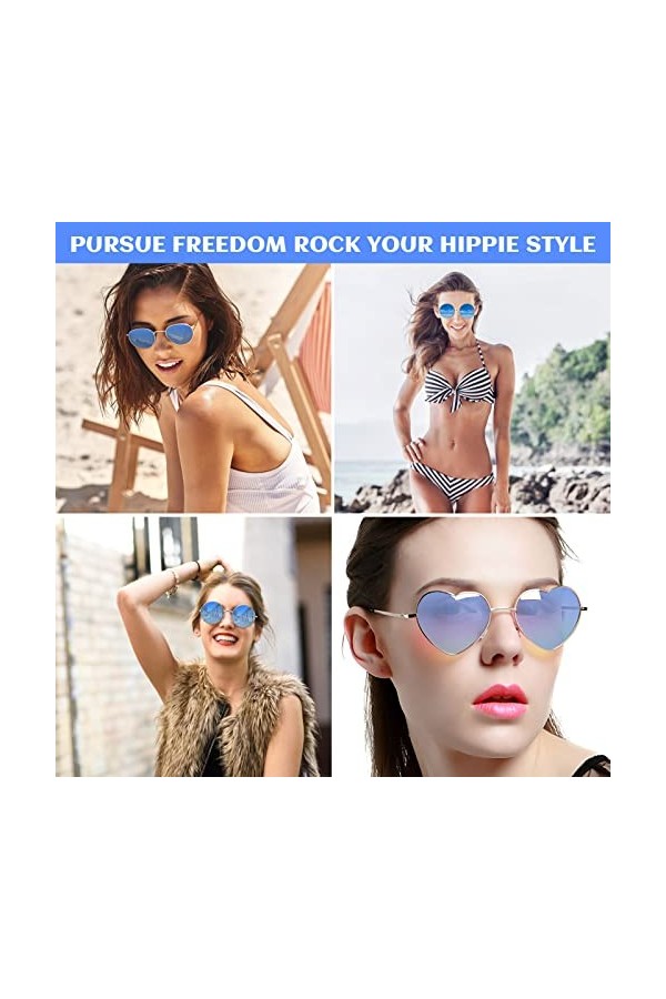 YUFFQOPC Lot de 2 paires de lunettes de soleil en forme de cœur - Style hippie - Style rétro - Rondes - Verres colorés - Pour