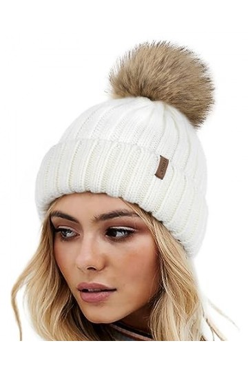 FURTALK Bonnet dhiver Bonnet tricoté Chaud pour Femmes avec Pompon en Fausse Fourrure