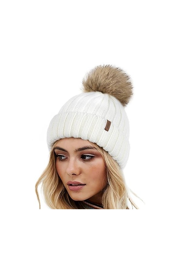 FURTALK Bonnet dhiver Bonnet tricoté Chaud pour Femmes avec Pompon en Fausse Fourrure