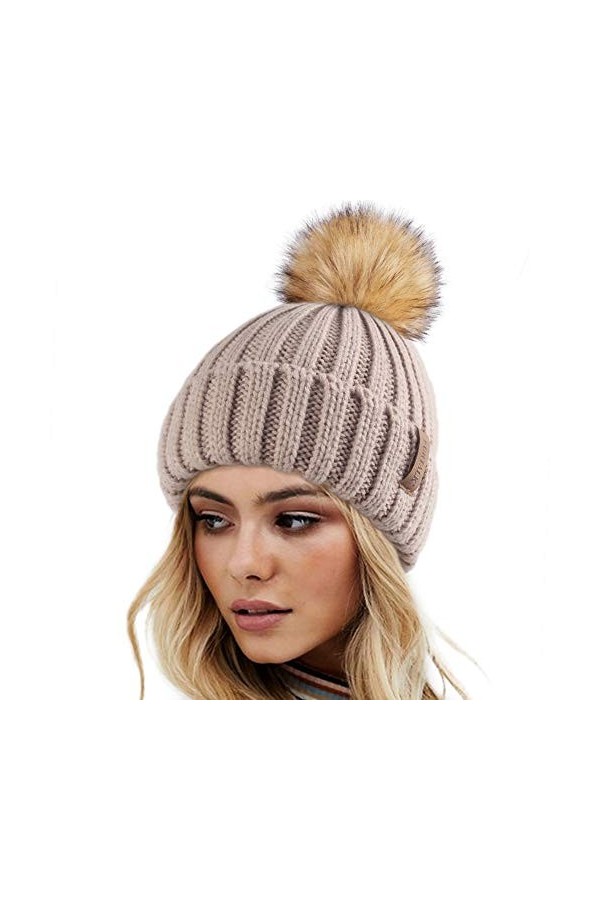FURTALK Bonnet dhiver Bonnet tricoté Chaud pour Femmes avec Pompon en Fausse Fourrure