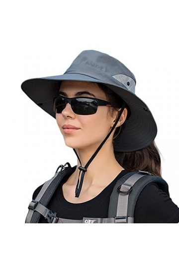 Chapeau de Soleil Boonie Protection UV Mesh Réglable Seau de Pêche Queue de Cheval Cap - Gris - Medium