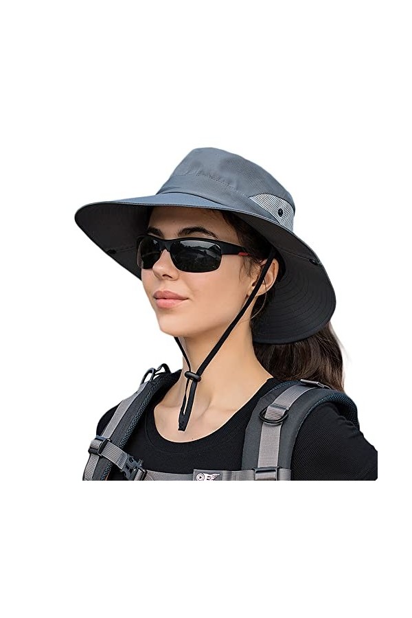 Chapeau de Soleil Boonie Protection UV Mesh Réglable Seau de Pêche Queue de Cheval Cap - Gris - Medium