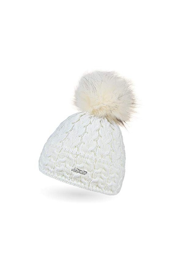 Neverless® Bonnet tricoté avec pompon en fourrure synthétique pour femme - Beige - Taille Unique