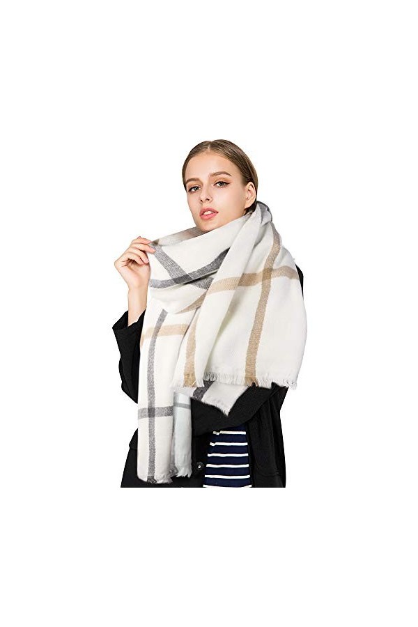 Superora Echarpe Ch⬥ ࠃarreaux Plaid Grand Chaud El駡nt Femme Automne Hiver 200 * 70cm,Taille unique,Blanc