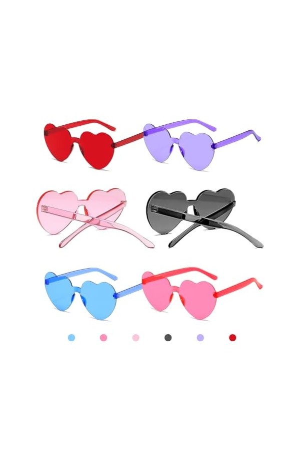 ZKSXOA 6 Paires de Lunettes Soleil Sans Monture en Forme Coeur Lunettes Soleil Coeur Sans Cadre Verres Clairs Couleur Bonbon 